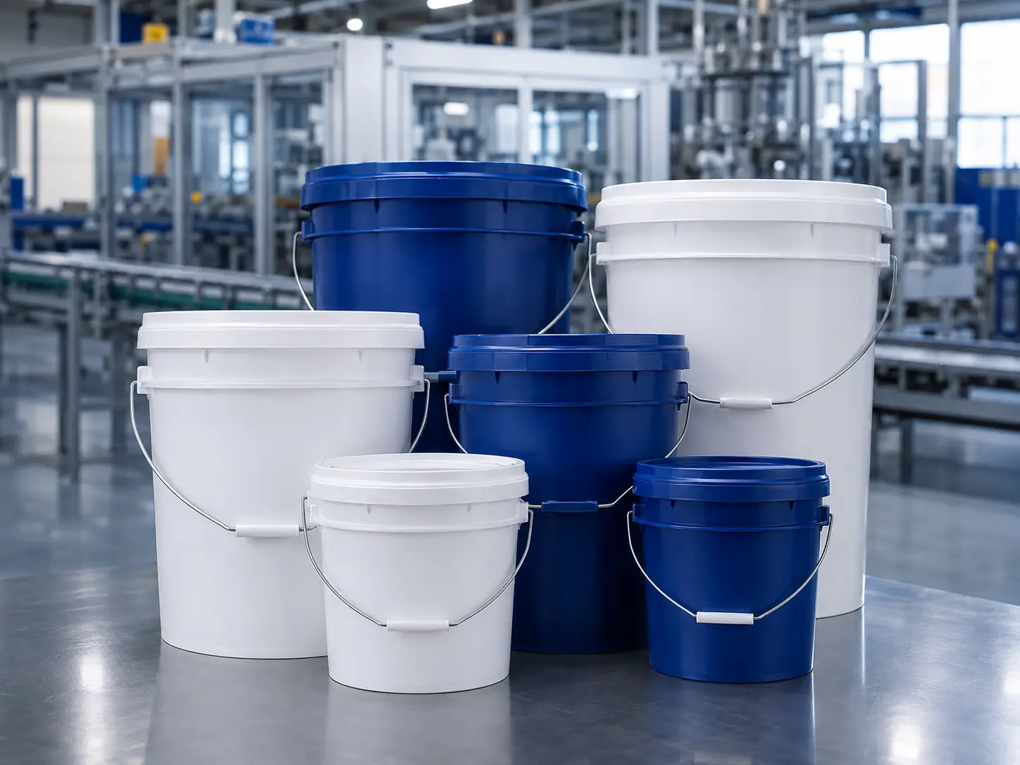 Blue and white PP packaging pails in a manufacturing facility
