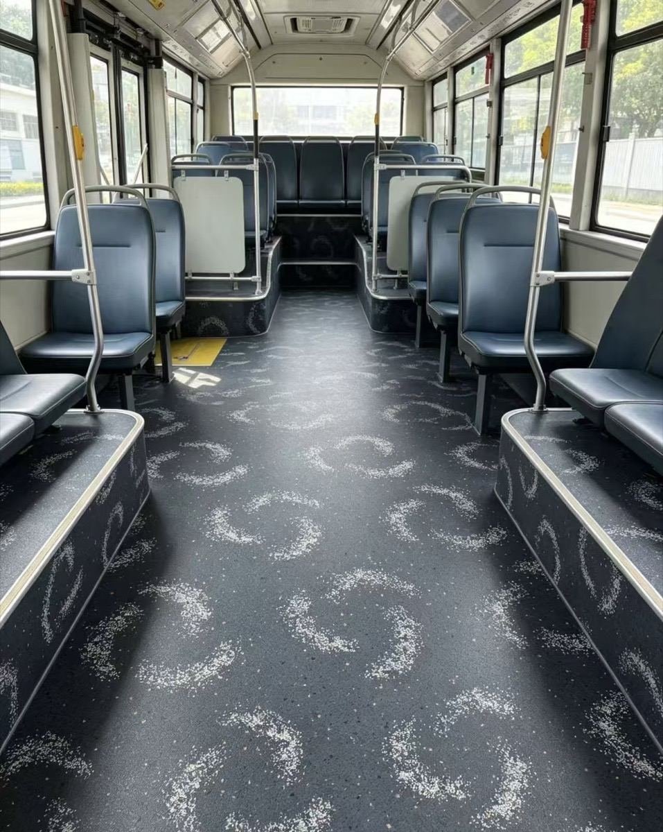 PVC transportation flooring installed in a bus interior