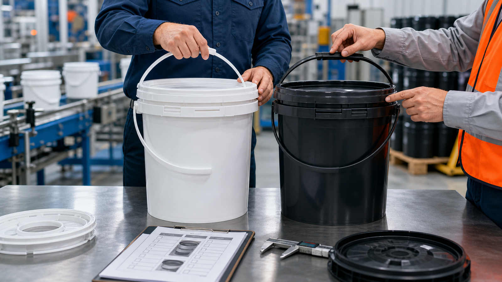 Packaging engineers comparing two PP pails lids and handles at an industrial evaluation station