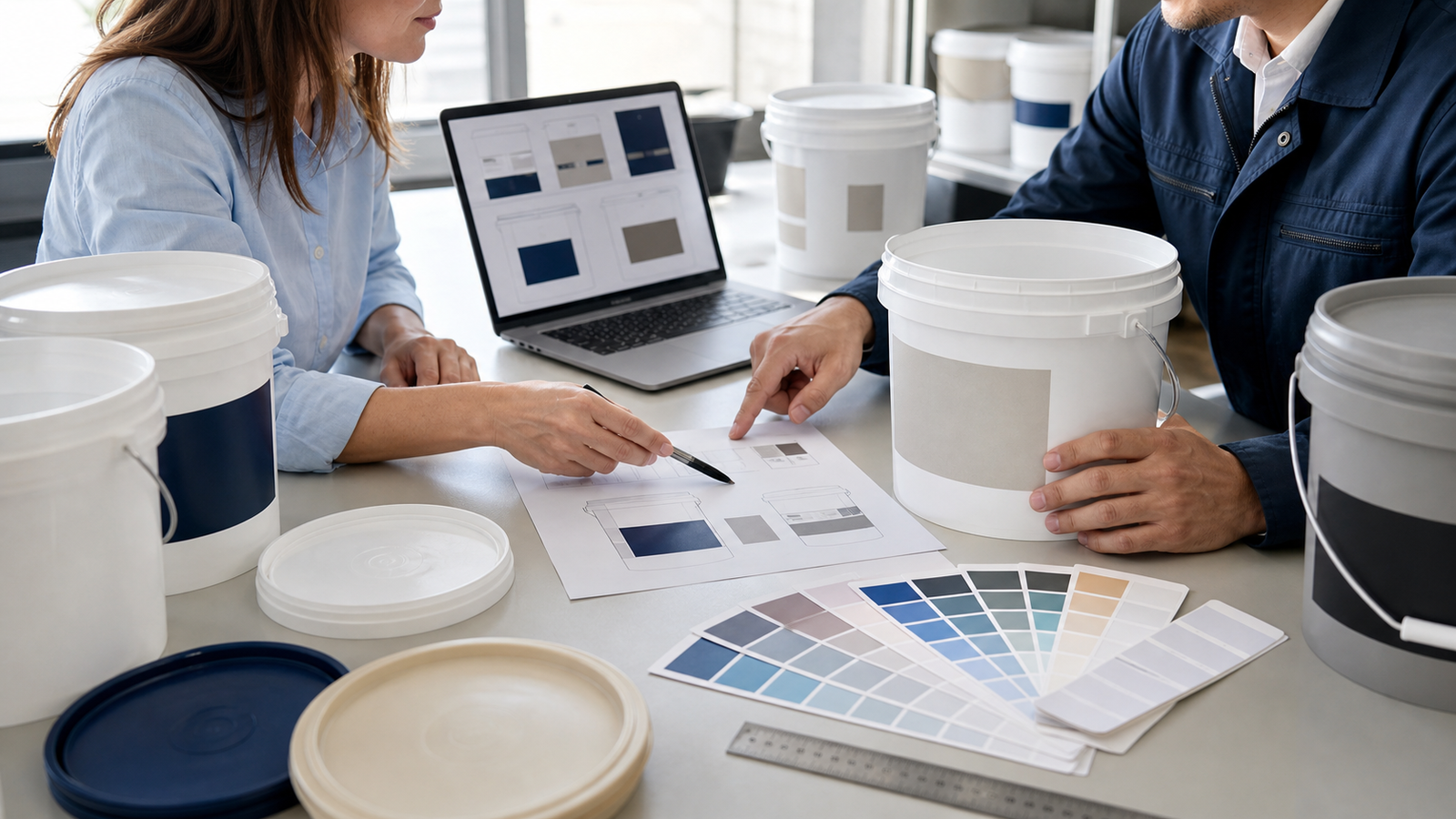 Buyer and supplier reviewing PP packaging pail label placement and artwork details