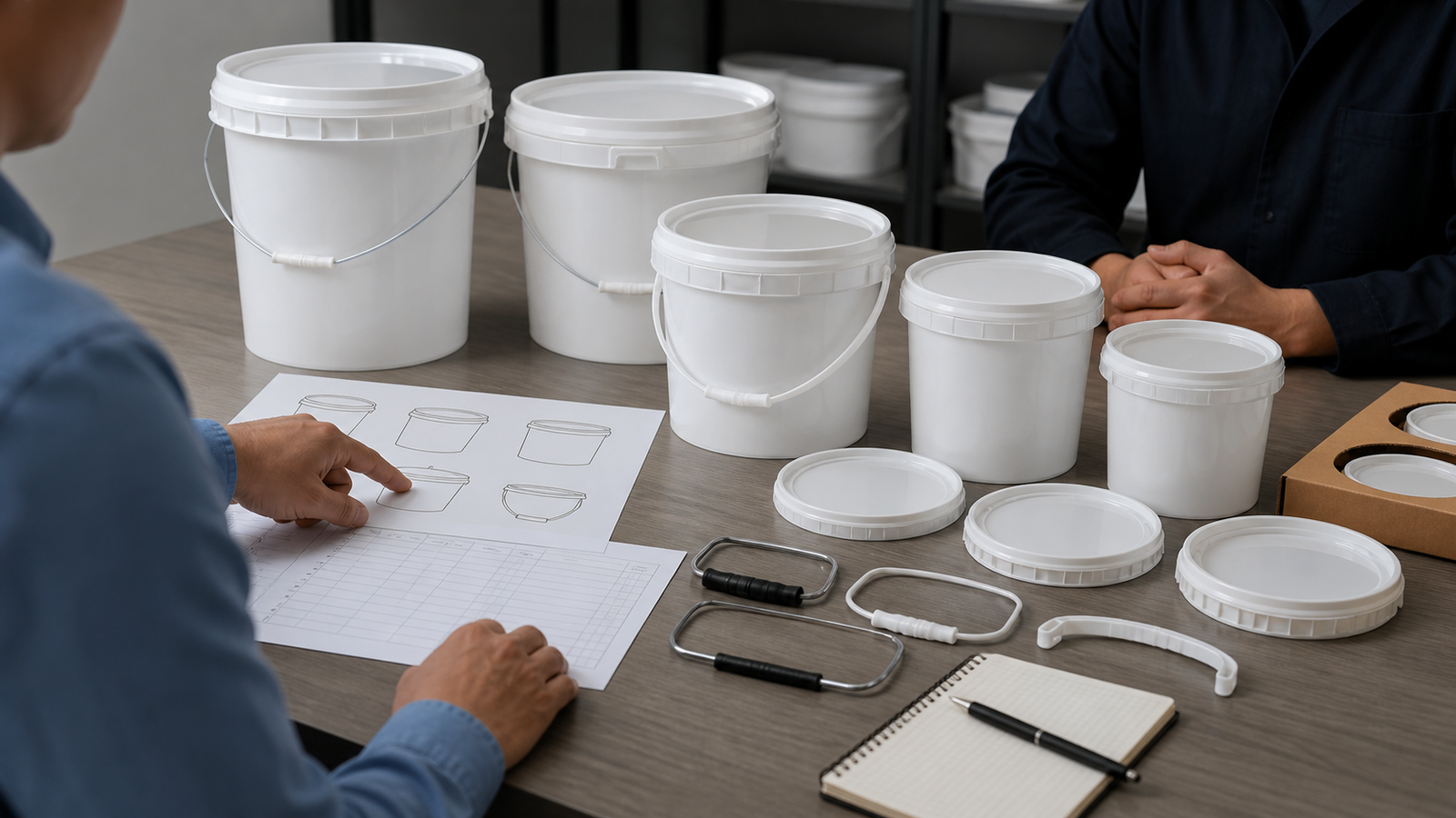 Buyer comparing PP packaging pail lids and handle options before quotation