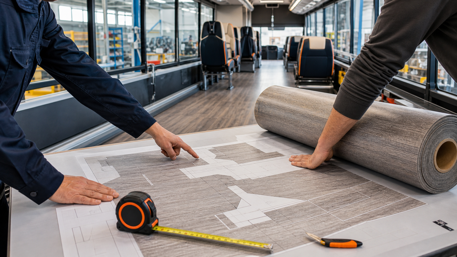 Engineers reviewing PVC flooring roll direction and cutting layout inside a coach