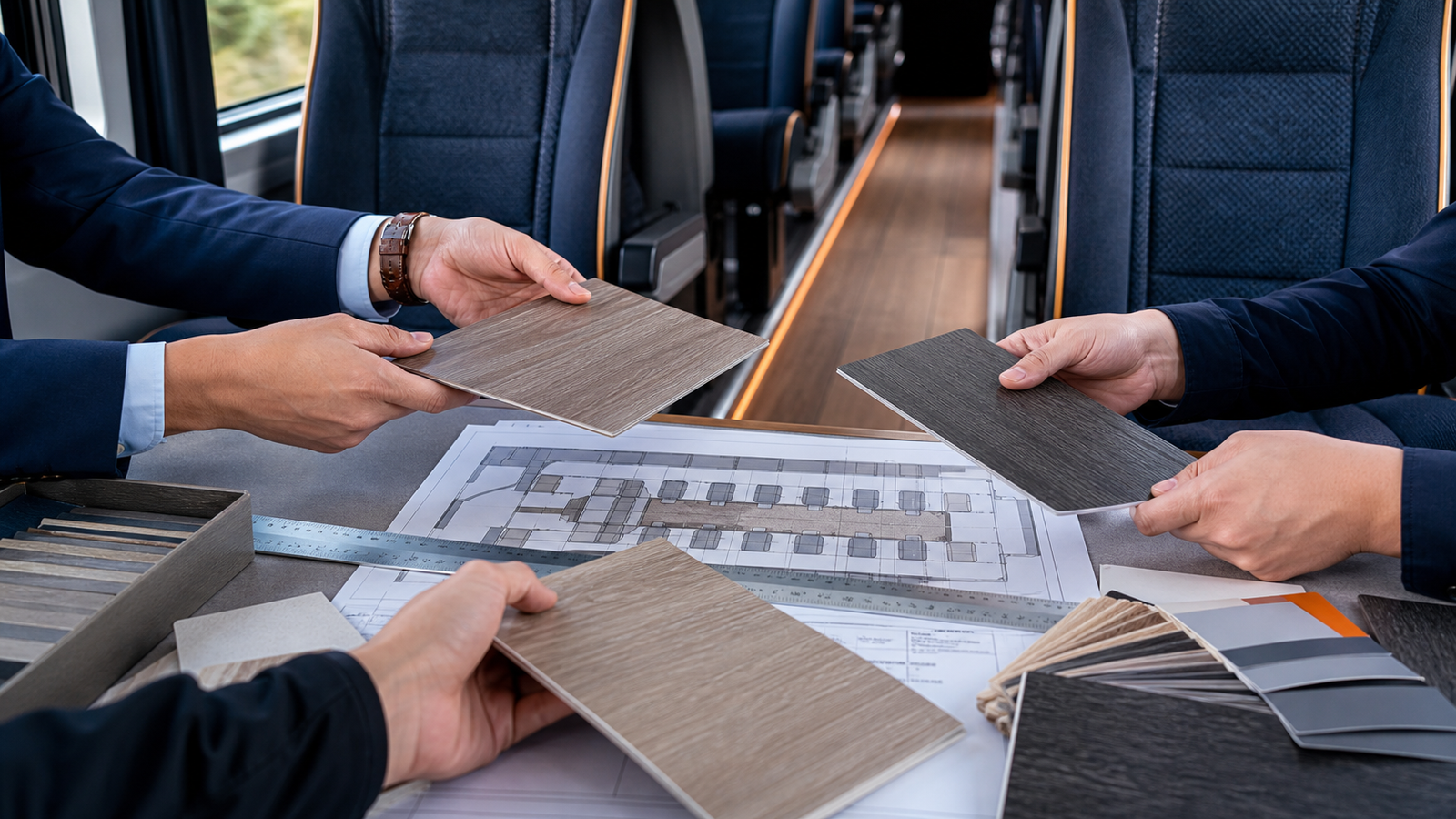 Buyer team evaluating PVC flooring samples against a coach interior floor plan