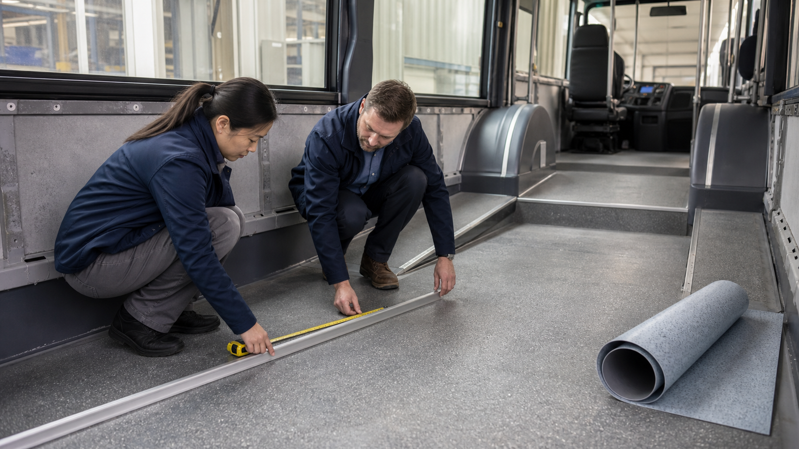 Buyer and supplier checking a bus floor substrate before PVC flooring installation