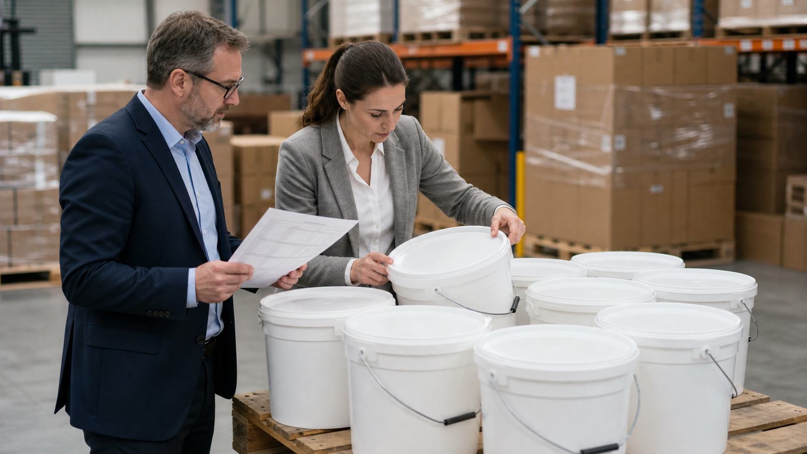 Buyer and supplier reviewing PP packaging pails and a shipment checklist in a warehouse